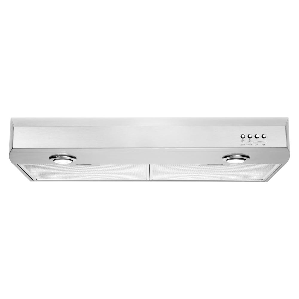 Under-cabinet vented kitchen hood with stainless steel finish, dual lights, and push-button speed controls for ventilation