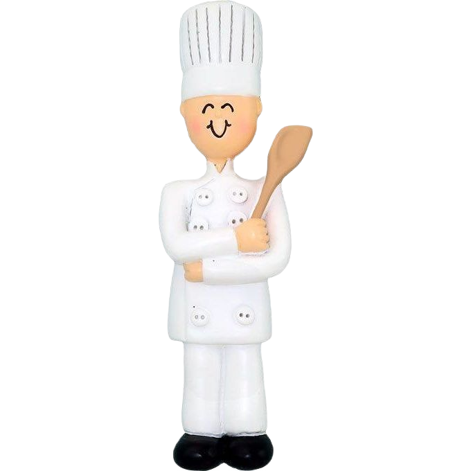 Smiling male chef ornament in white uniform holding wooden spoon for Christmas tree decorations under $50 collection