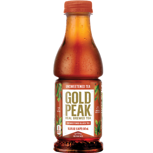 Plastic bottle of Gold Peak unsweetened black tea with condensation on the surface for refreshment