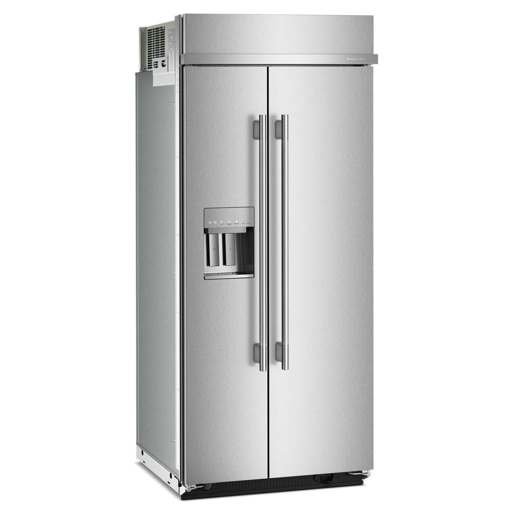 Built-in side-by-side stainless steel refrigerator with exterior water and ice dispenser in kitchen appliances collection