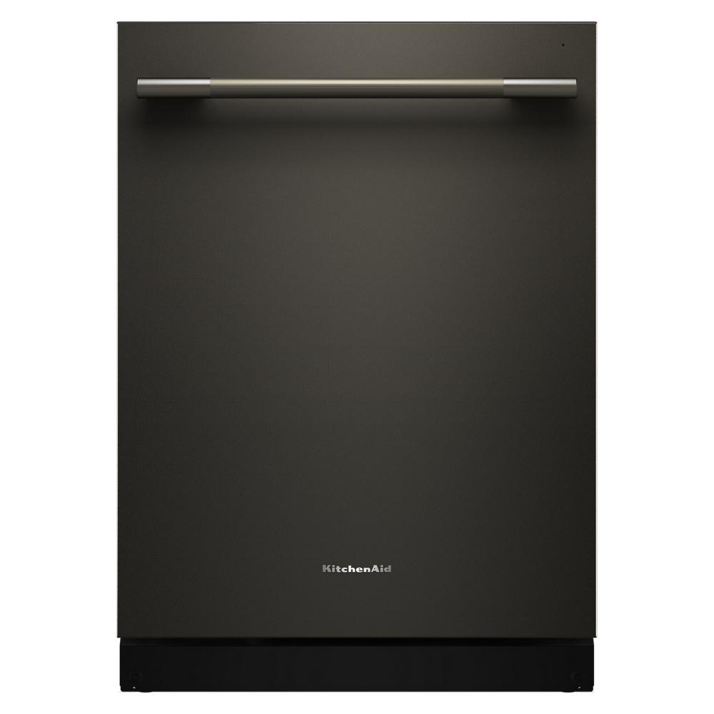 Matte black dishwasher with sleek horizontal handle, designed for modern kitchens in KitchenAid appliances collection