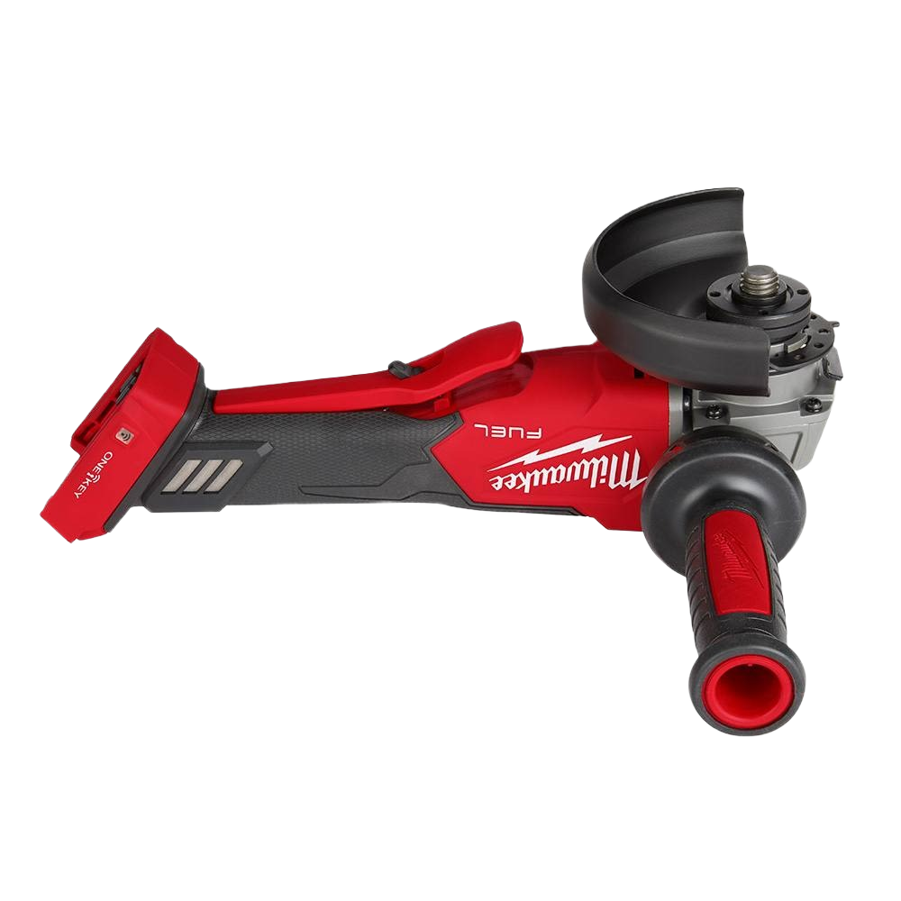 Red and black Milwaukee cordless braking grinder with paddle switch and ergonomic handle for home improvement tasks