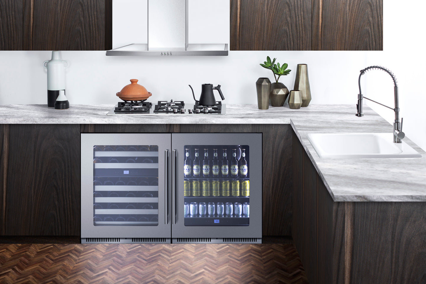 Dual-door built-in beverage center with stainless steel frame stocked with bottles and cans in modern kitchen setting