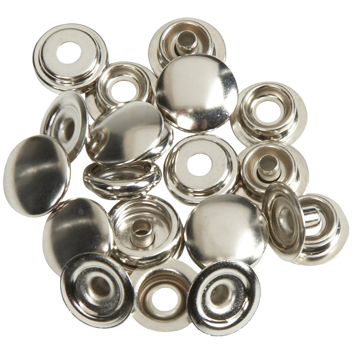 Collection of shiny silver metal snap fastener kit refills designed for canvas and home improvement use