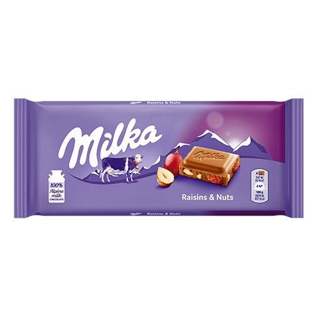 Purple Milka chocolate bar packaging with alpine cow, mountain background, and raisins and nuts imagery
