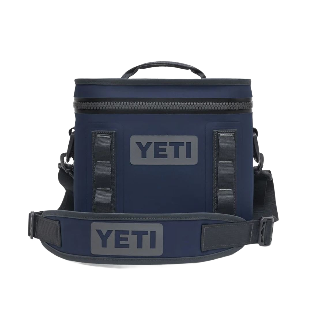 Navy soft cooler with flip-top lid, wide zip closure, and adjustable shoulder strap for food storage and organization collections
