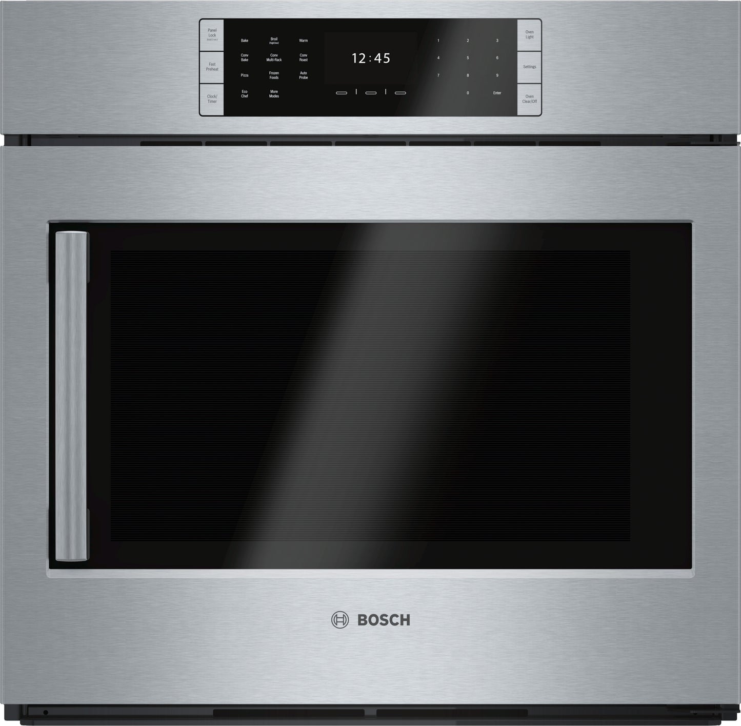 Stainless steel Bosch wall oven with right side handle, touchscreen control, and sleek modern design for kitchen appliances