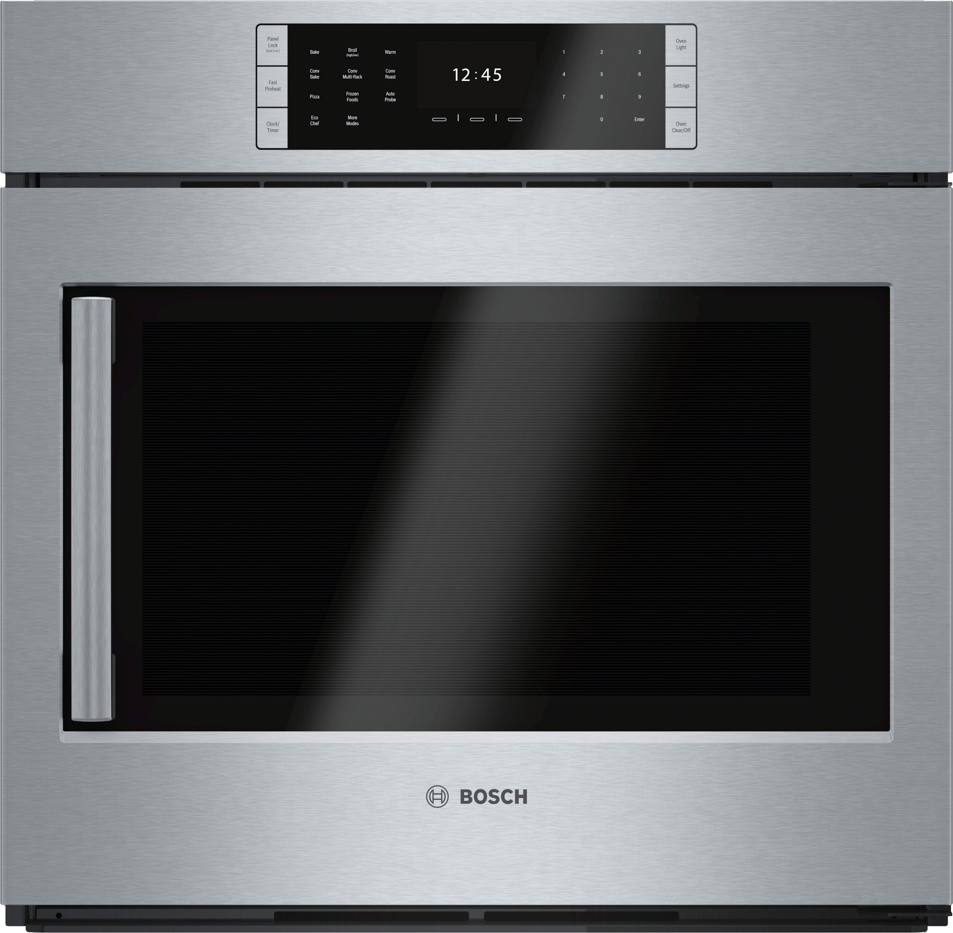 Stainless steel Bosch wall oven with right side handle, touchscreen control, and sleek modern design for kitchen appliances