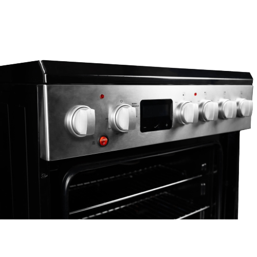 Close-up of stainless steel control panel on 24-inch slide-in smoothtop range with knobs and digital display from ranges collection