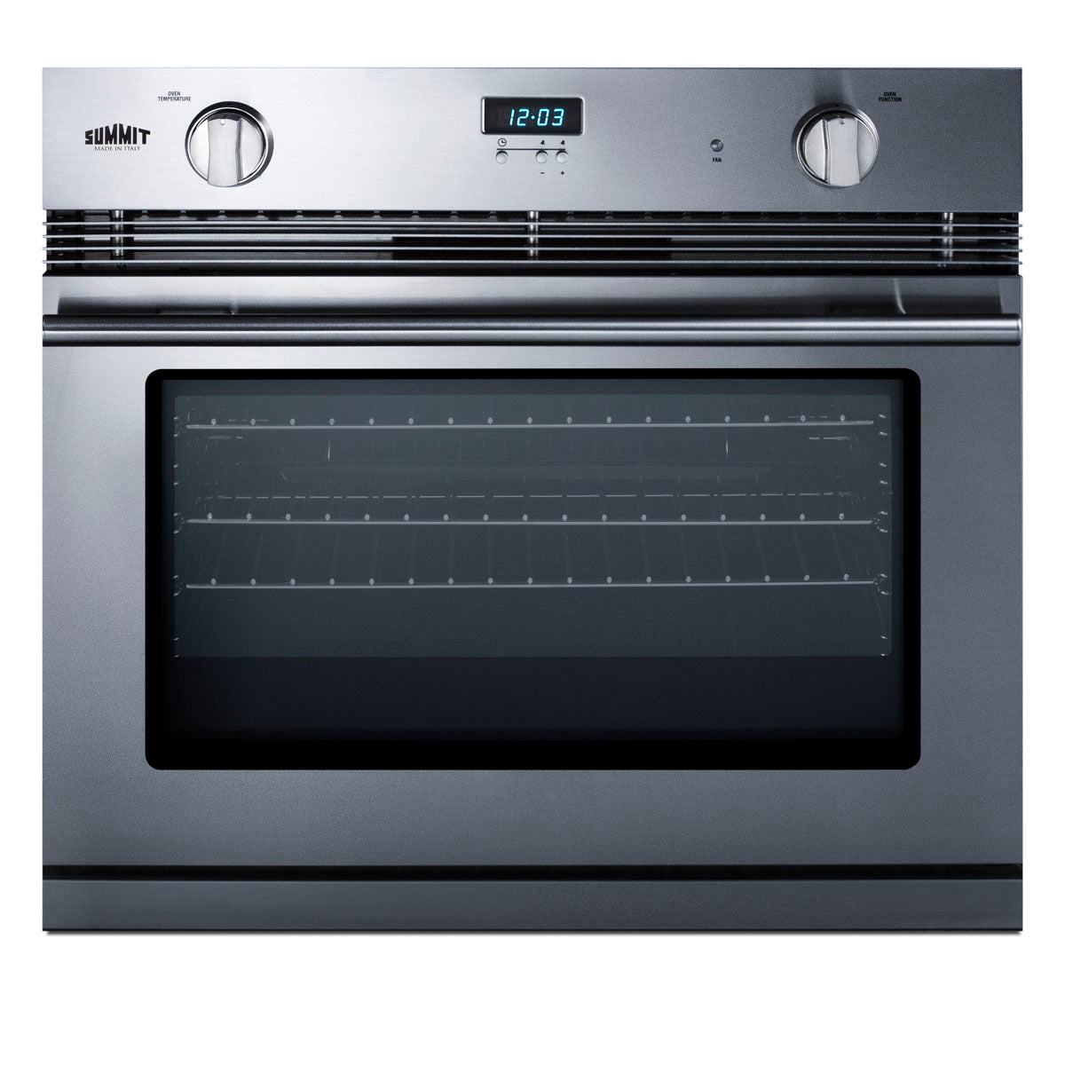 Stainless steel 30" gas wall oven with digital clock and dual control knobs, part of kitchen wall ovens collection.