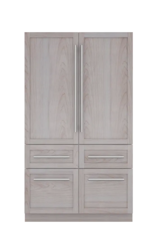 Built-in panel-ready French door refrigerator with bottom freezer and stainless steel handles from Thermador appliances collection