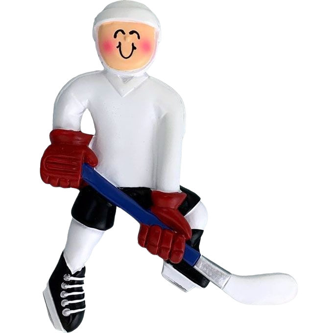 Personalized male hockey player figure ornament with red gloves holding blue stick in Christmas Ornaments & Tree Decorations collection