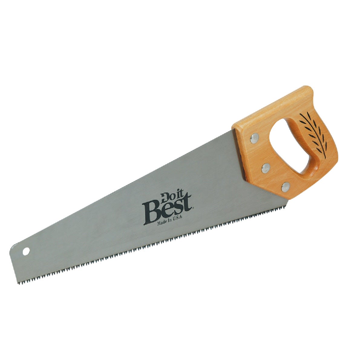 Hand saw with wooden handle and fine-tooth steel blade branded for home improvement projects and tool use