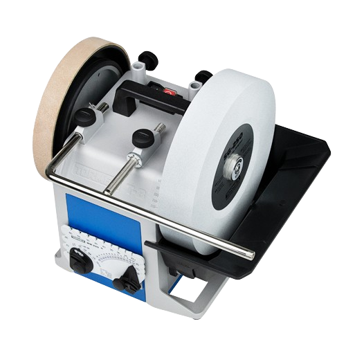 Professional sharpening system with stone wheel and angle guide for precision tool maintenance in woodworking collections