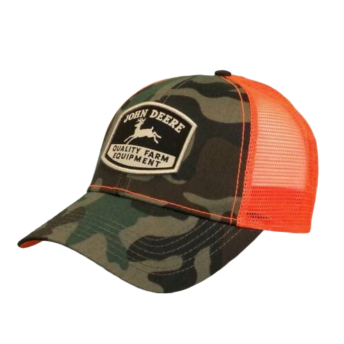 Men's camo and bright orange mesh camp cap with John Deere patch for outdoor and farm equipment use