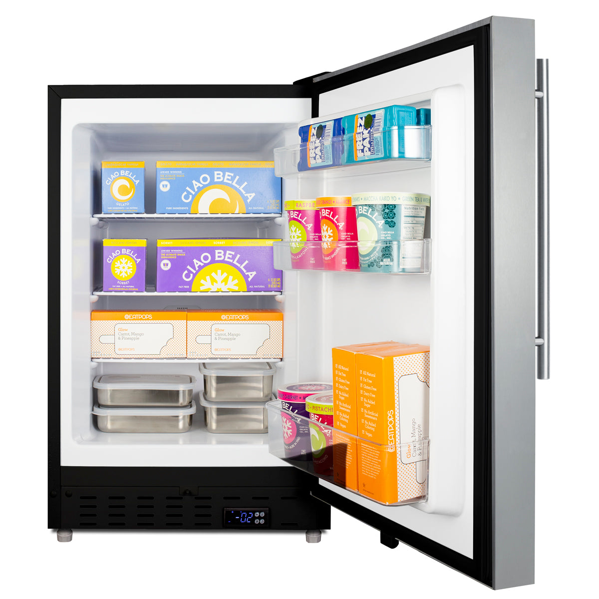 Open compact built-in all-freezer with multiple frozen food items inside, suitable for kitchen and home improvement.