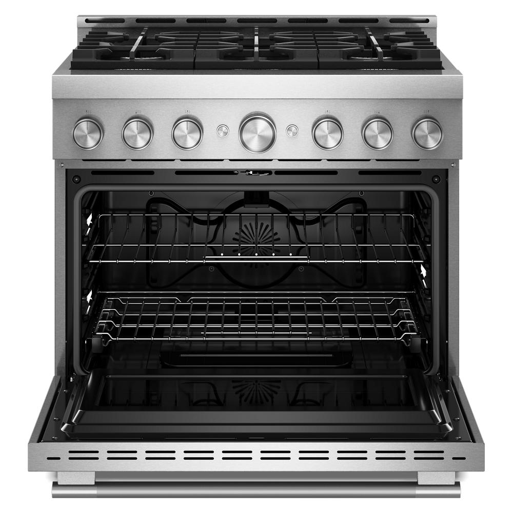 36-inch stainless steel commercial-style gas range with six burners and open oven door revealing racks inside