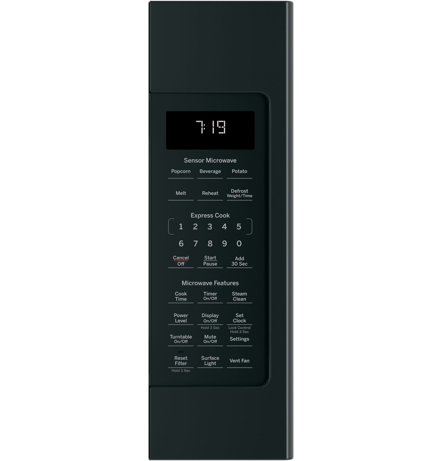 Black sensor microwave oven control panel with digital clock and multiple preset cooking options in microwaves collection