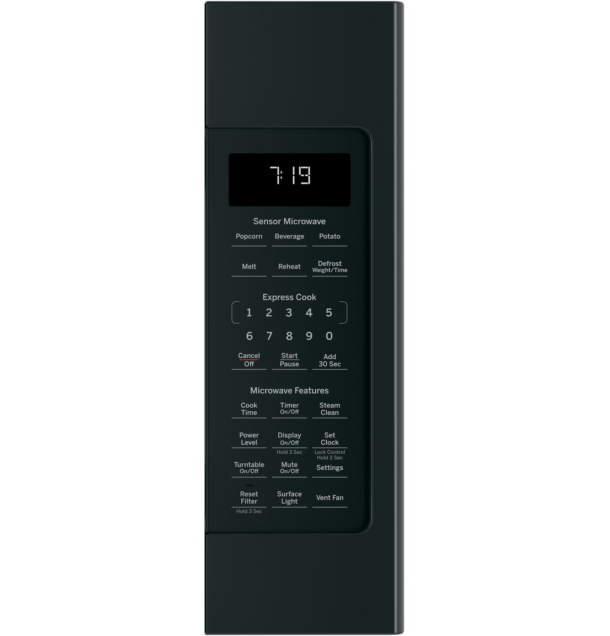 Black sensor microwave oven control panel with digital clock and multiple preset cooking options in microwaves collection