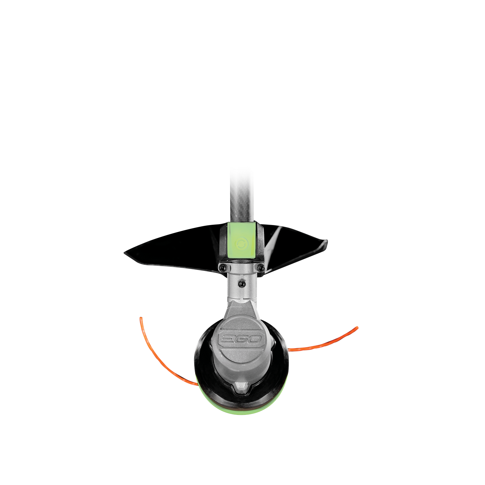 Top view of a green and black string trimmer head with dual orange cutting lines for outdoor lawn care tools.