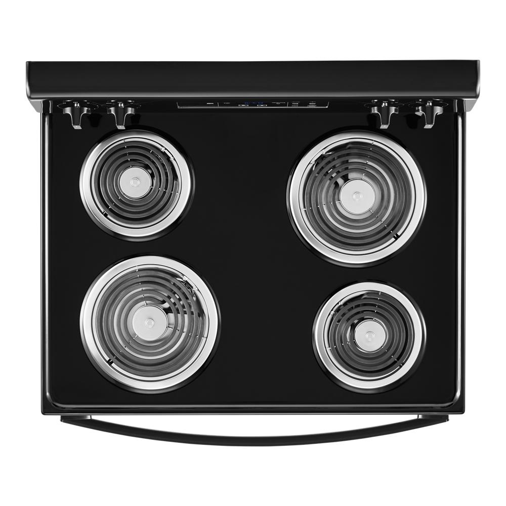 Black electric range with four coil burners and digital control panel in ranges and kitchen appliances collection