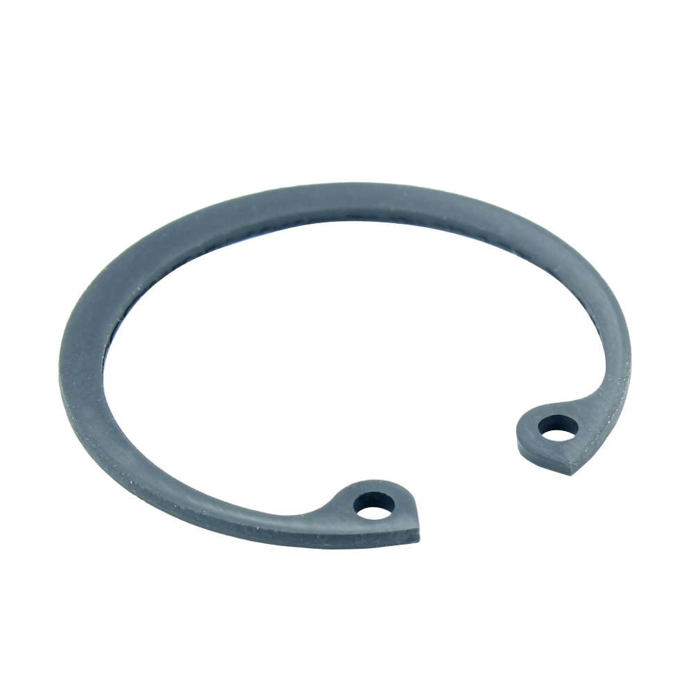 Metal snap ring with two mounting holes for securing machinery parts in John Deere hardware and tool collections