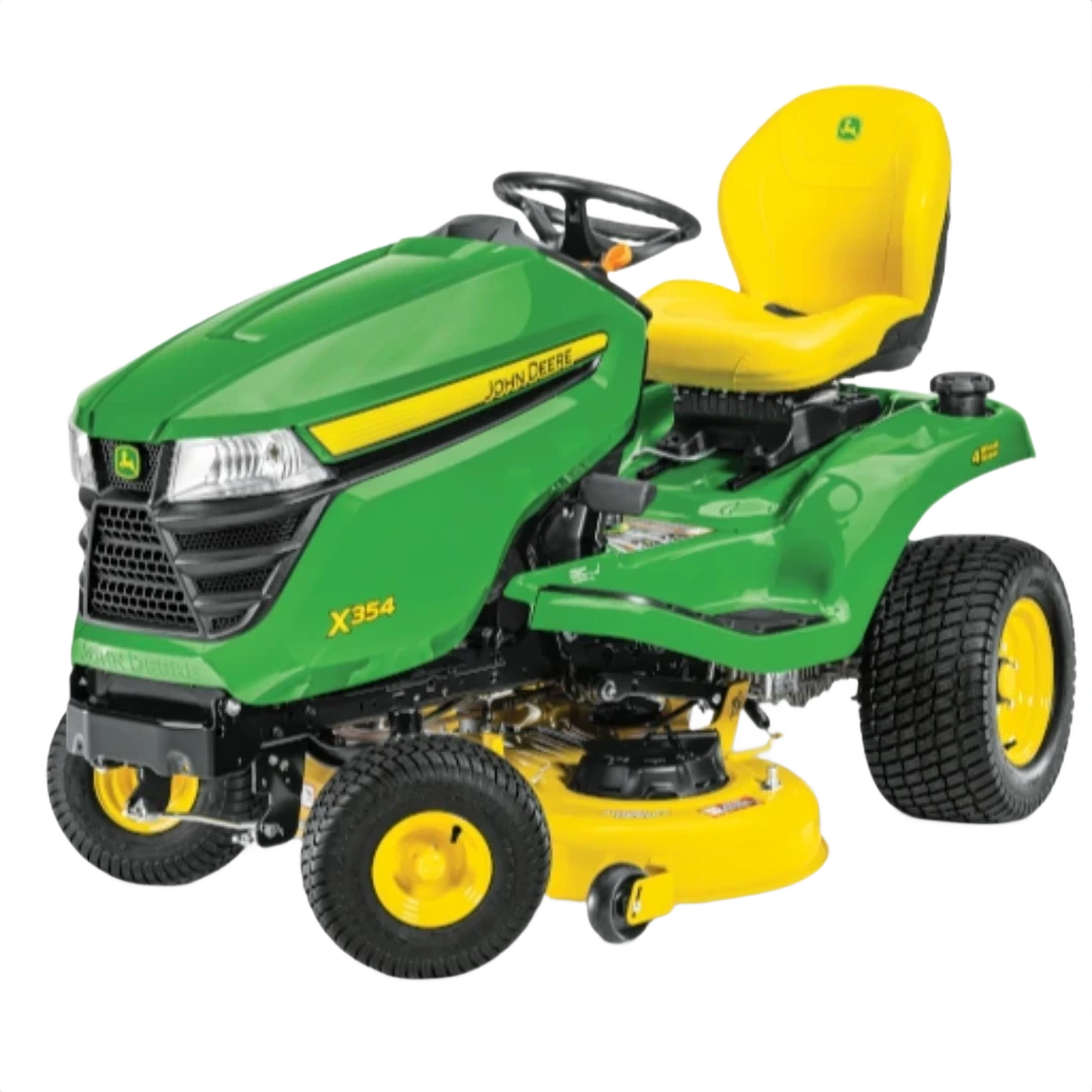 Green and yellow riding lawn mower with 42-inch deck for outdoor power equipment and lawn care tasks