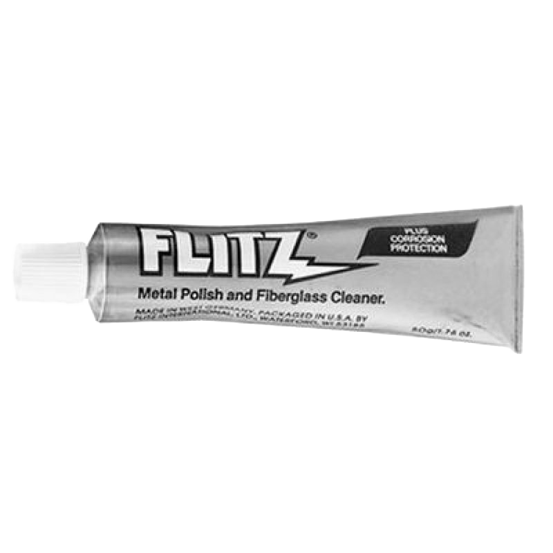Tube of Flitz paste polish for metal, plastic, and fiberglass, part of cleaning supplies for home improvement.