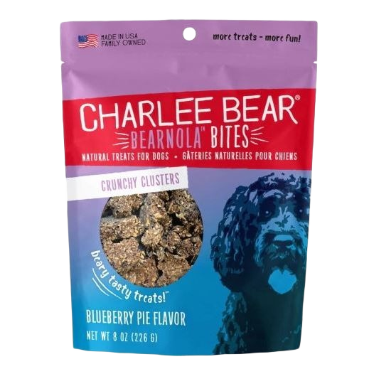 Purple and red bag of crunchy blueberry pie flavored dog treats from Charlee Bear in pet and dog supplies collections under $50