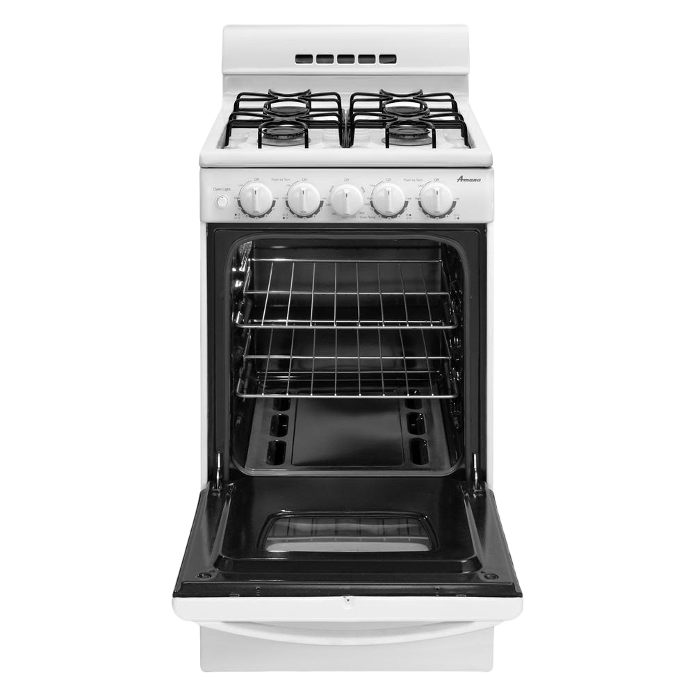 White 20-inch Amana gas range with four burners, compact oven open showing two racks from Appliances collection