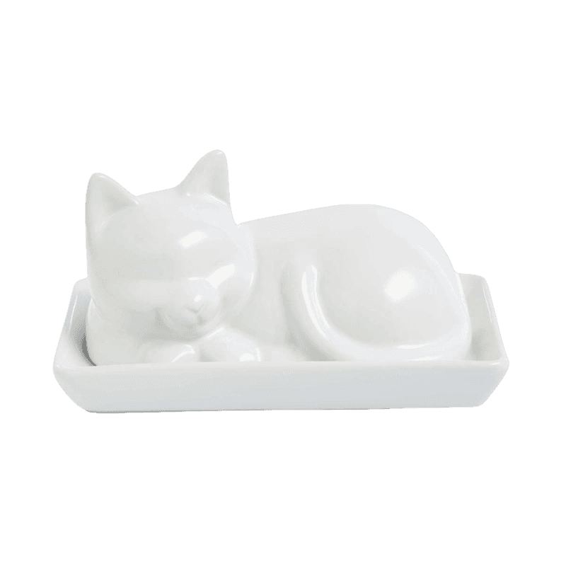 White porcelain butter dish with cat-shaped lid for kitchen storage and food organization under $50