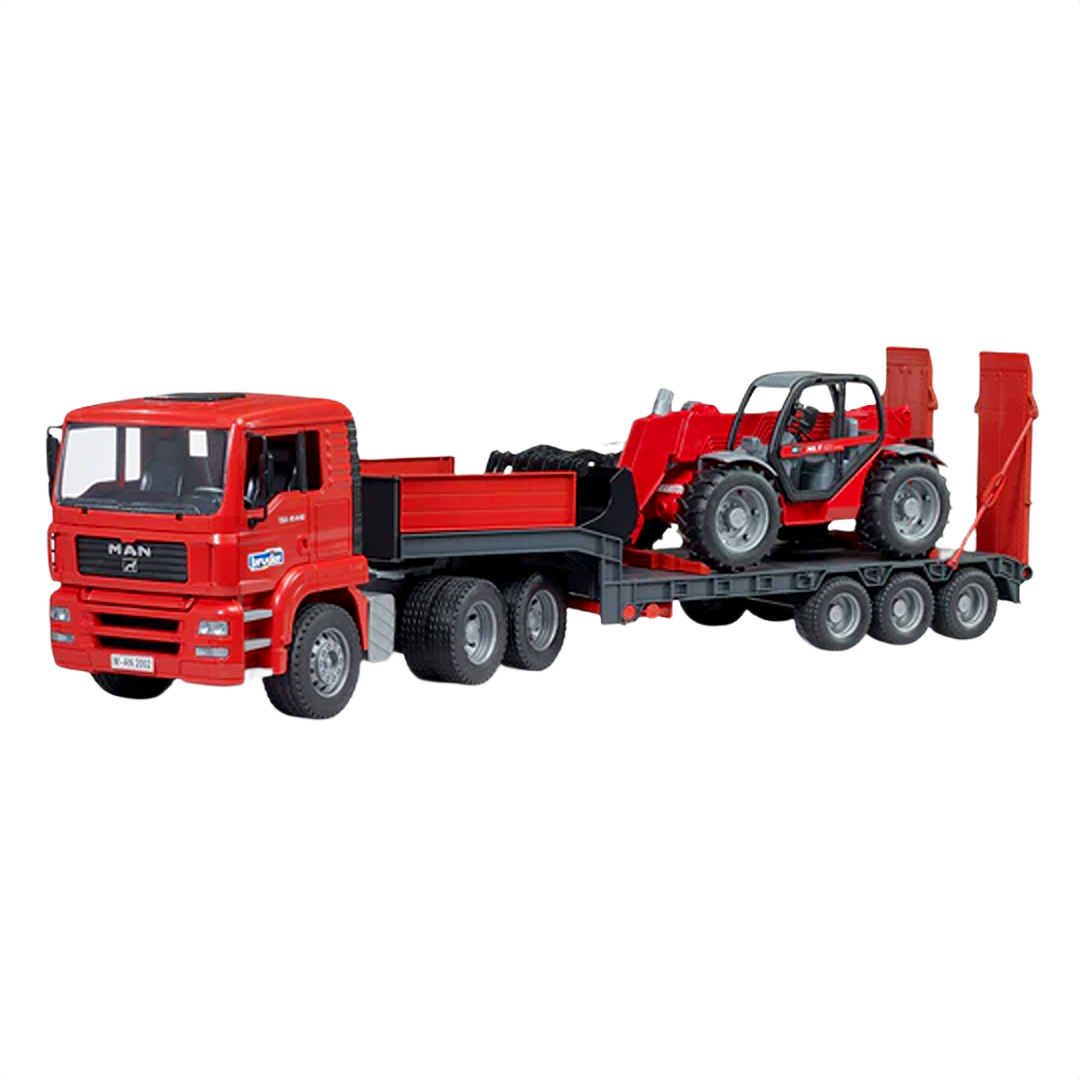 Red MAN TGA flatbed truck carrying a red Manitou loader on a black trailer for construction play set