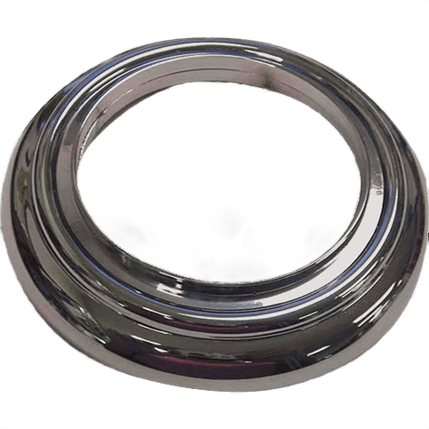 Chrome decorative tub and shower cover ring for concealing gaps, part of plumbing repair and home improvement supplies.