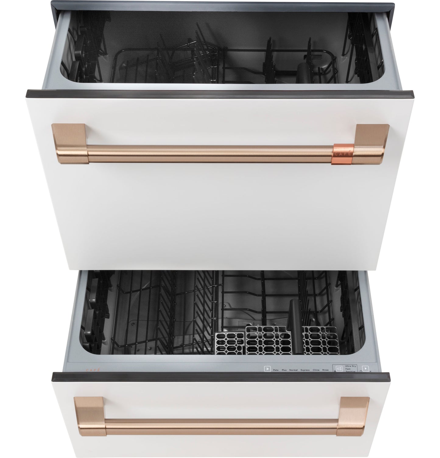 Built-in dishwasher double drawer with white panels and copper-toned handles in kitchen appliances and dishwashers collections