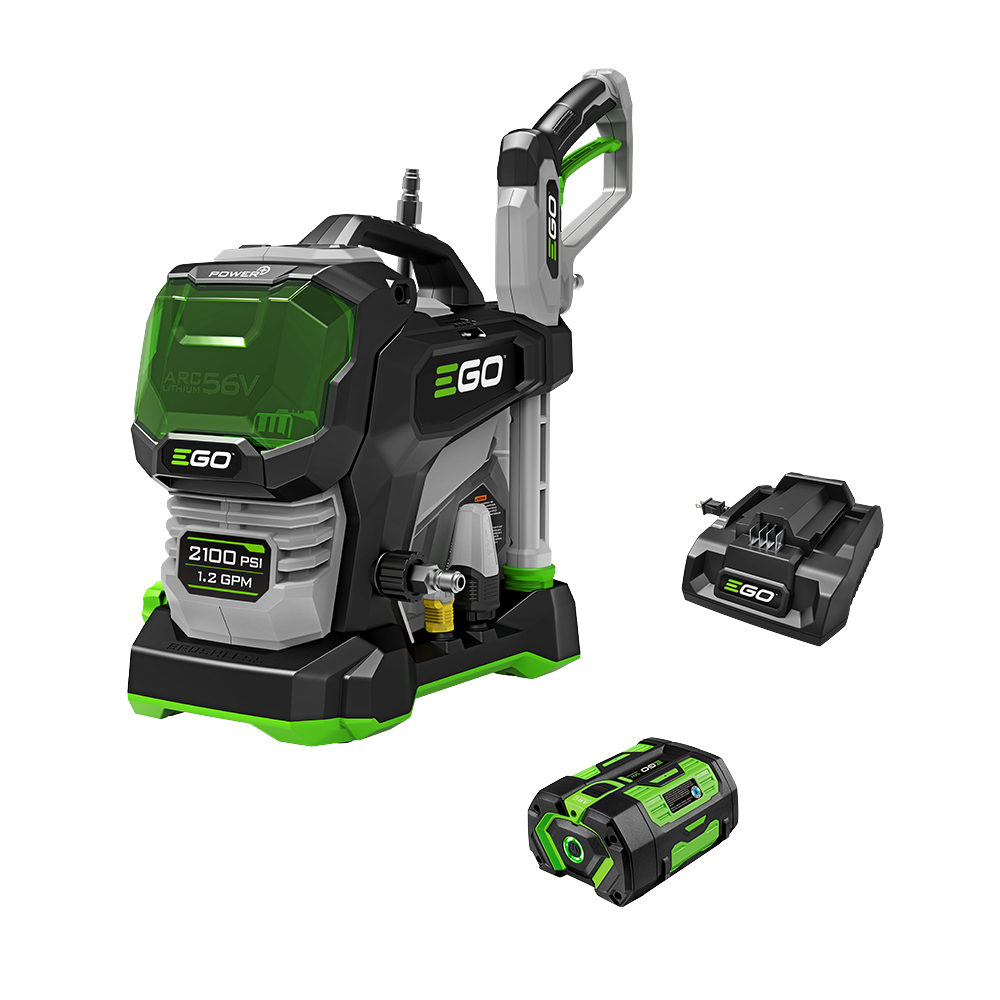 Compact pressure washer with black and green design, includes 6.0Ah battery and 320W charger for home improvement tasks
