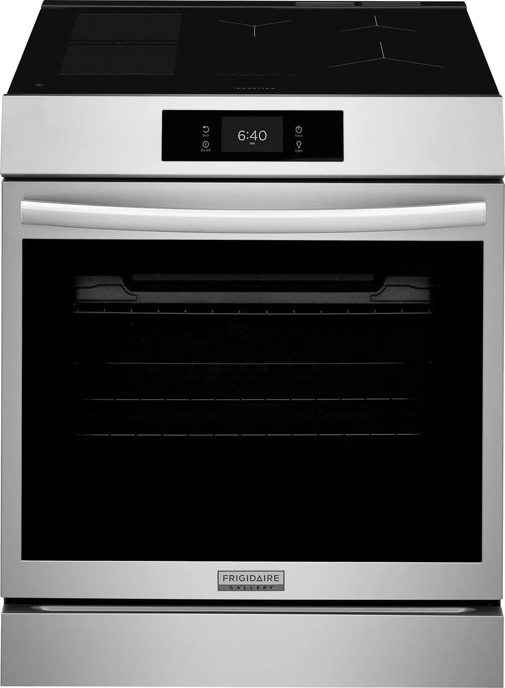 Front view of a stainless steel induction range with digital display and smooth cooktop in kitchen appliances collection