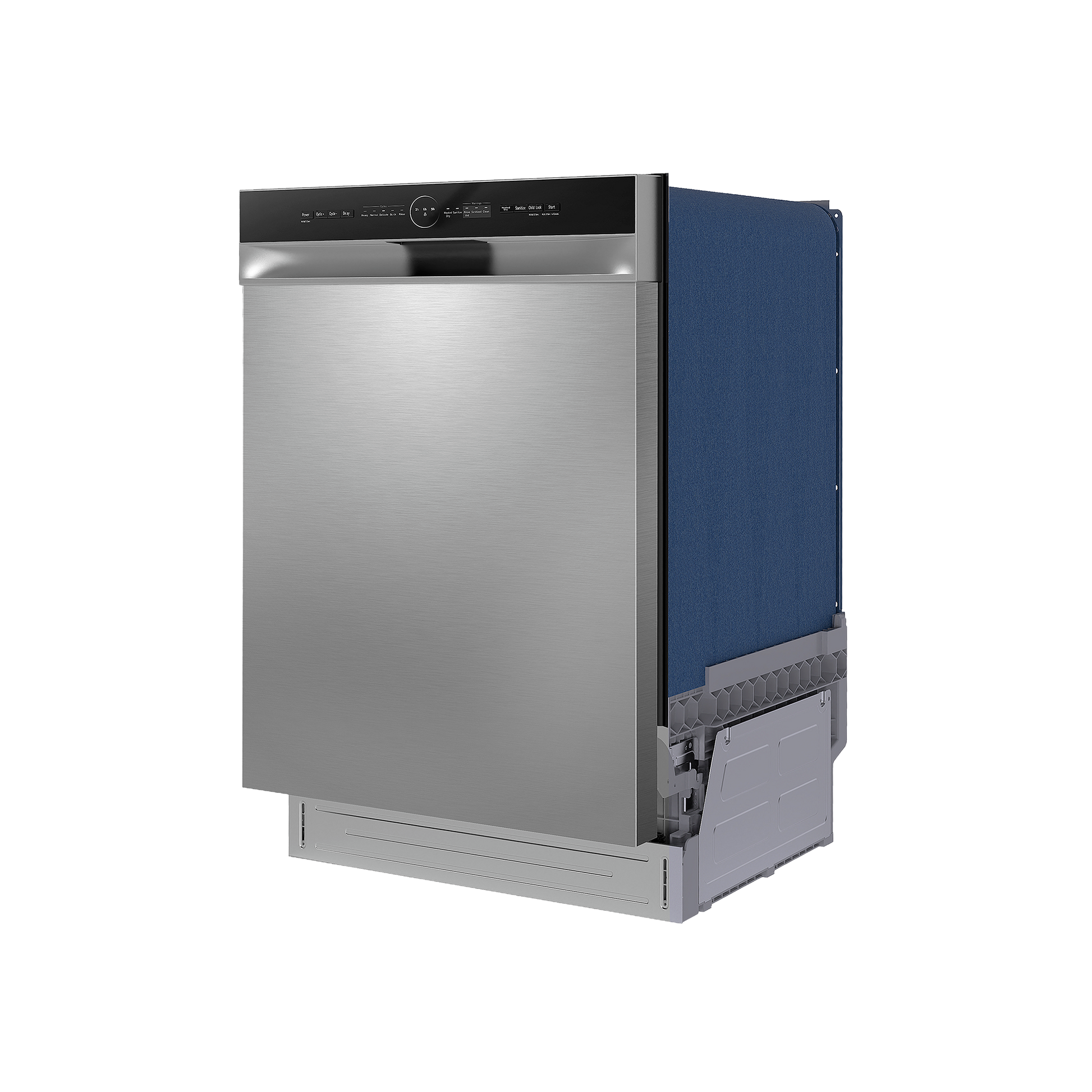 Stainless steel front control dishwasher with partial side view, showing dishwasher door and inner blue insulation panel.