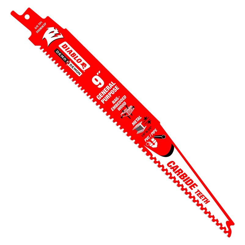 Red carbide-tipped saw blade with teeth for cutting metal, nail-embedded wood, PVC, and pipe in home improvement tasks