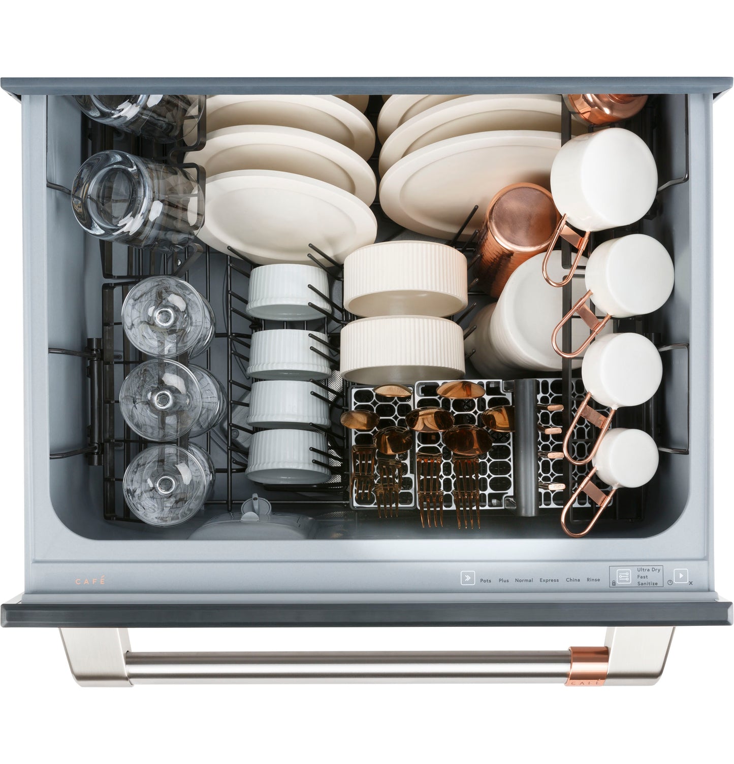 Open smart single drawer dishwasher filled with white plates, copper mugs, glassware, and utensils in kitchen appliance setting