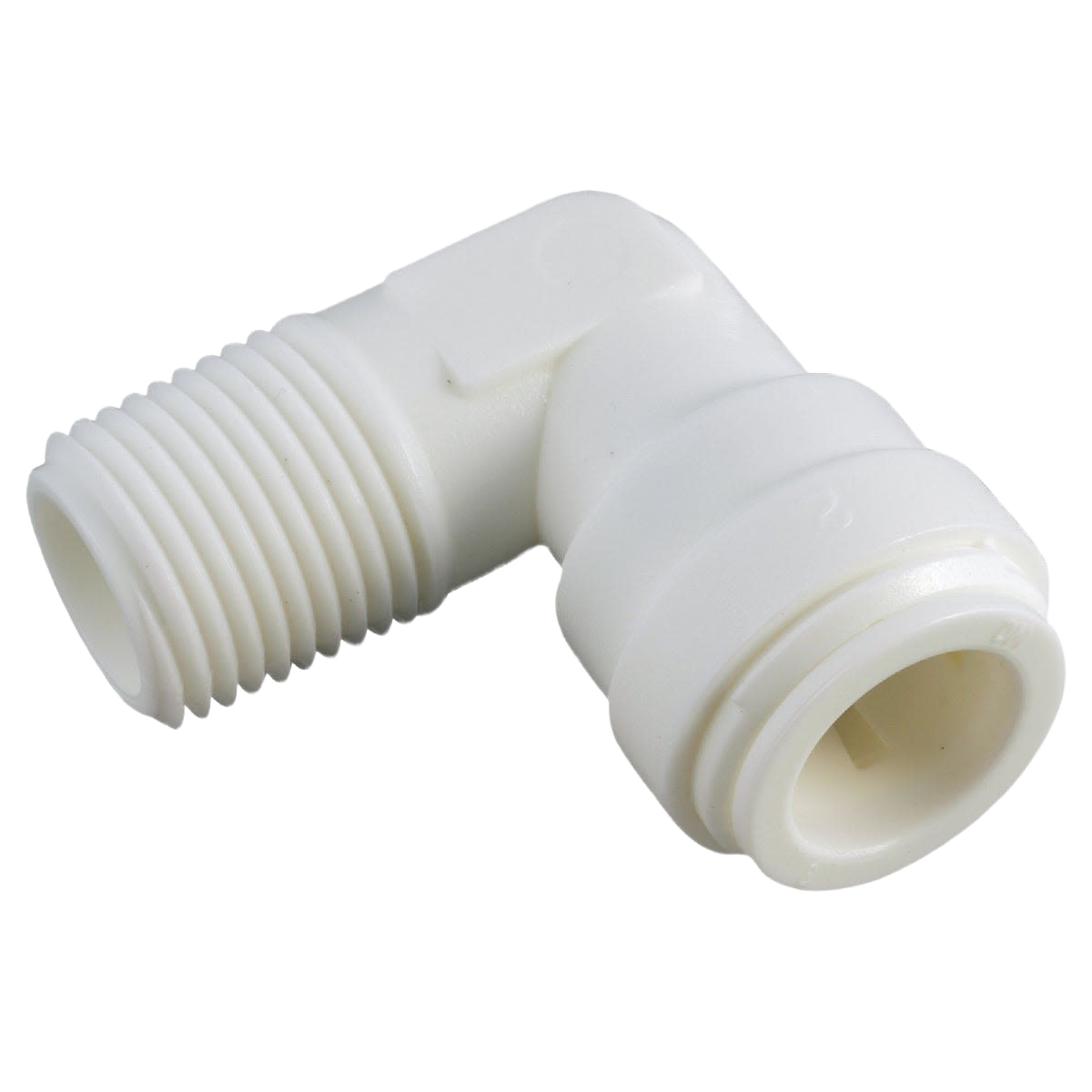 White plastic 90-degree elbow push fitting with threaded male end for plumbing in pipes and push fittings collections under $50