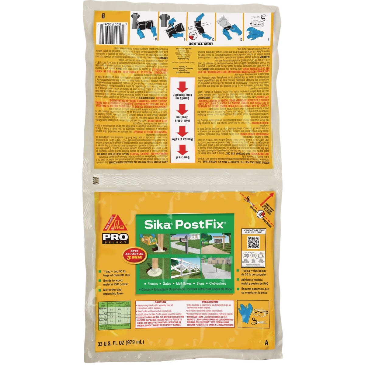 Yellow and white bag of Sika PostFix for securing fence posts with illustrated usage instructions on packaging