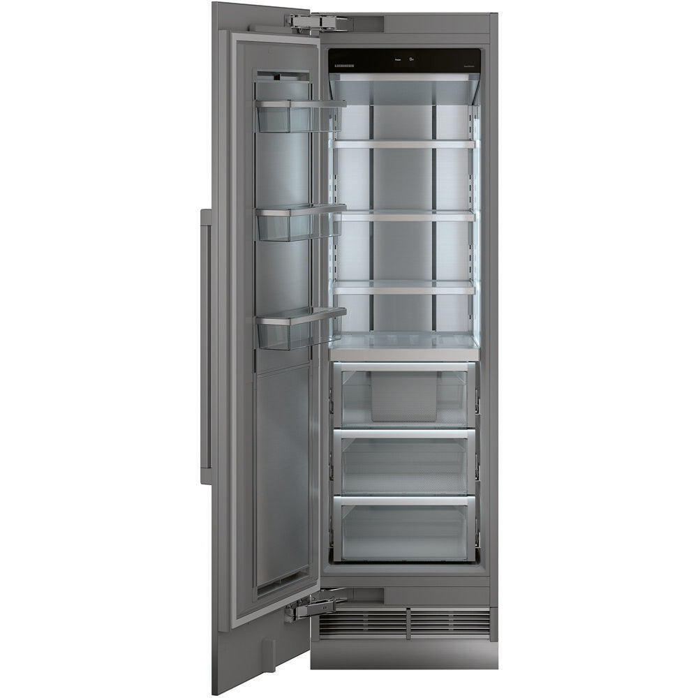 Open built-in upright freezer in stainless steel with multiple shelves, clear drawers, and door storage in appliances collection