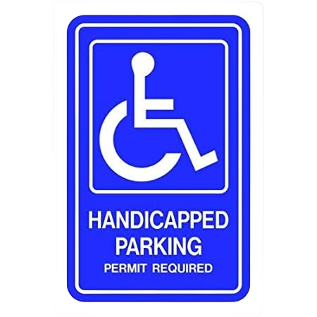 Blue and white handicapped parking sign with permit required text for tools and home improvement use