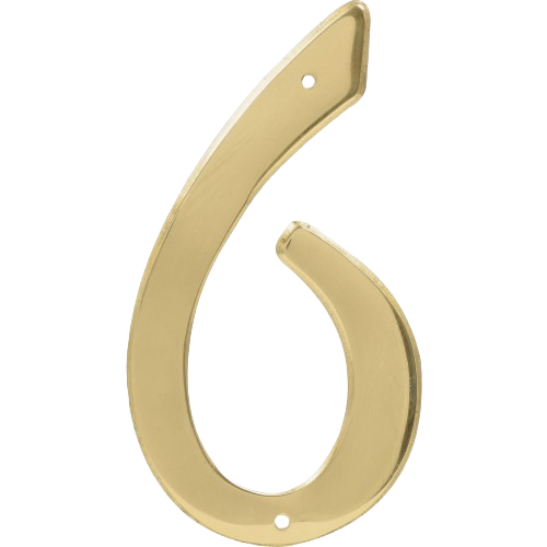 Brass house number 6 with nail holes for mounting, durable for outdoor use in home improvement hardware collections.