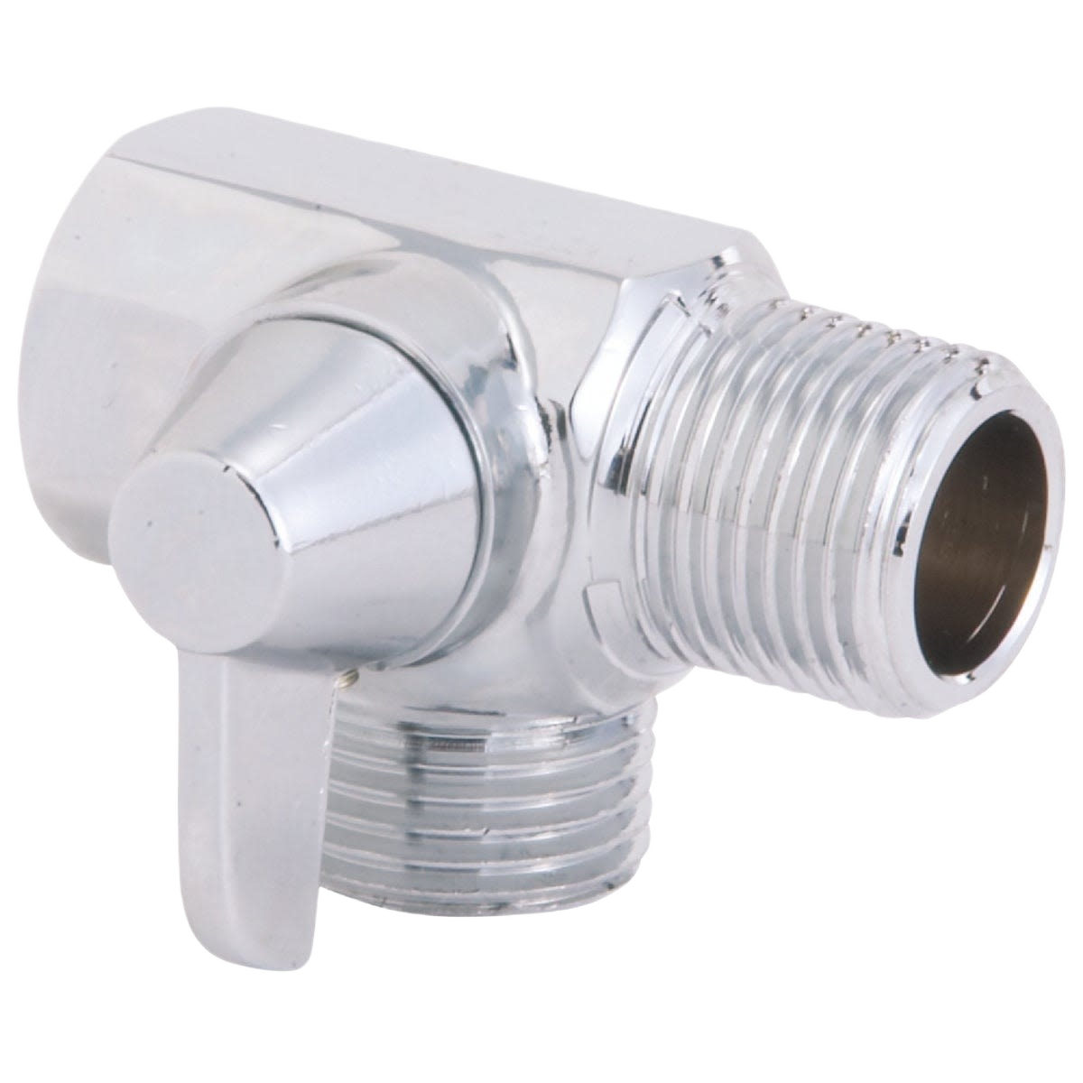 Chrome-plated shower flow diverter valve with threaded connections for water flow control in home improvement projects