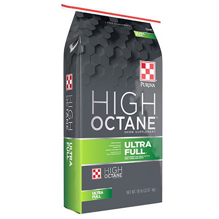 Bag of Purina High Octane Ultra Full animal supplement with dark honeycomb design and green accent panel