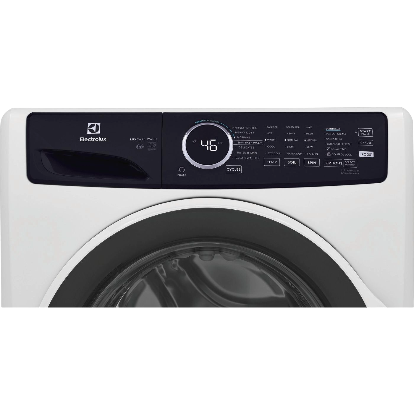 White front load washer control panel with digital display and multiple cycle options for front load washers collection