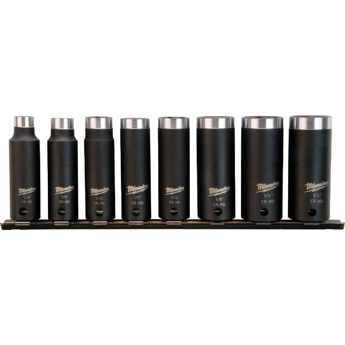 Set of eight black impact sockets with chrome tops for woodworking and hand tools in home improvement collections