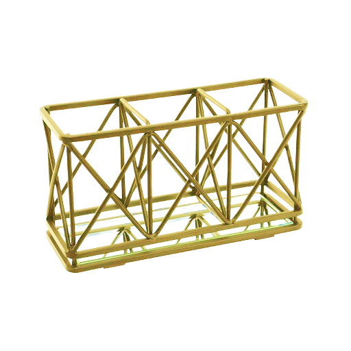 Gold metal three-section cosmetic brush holder caddy with geometric open-frame design for organized storage