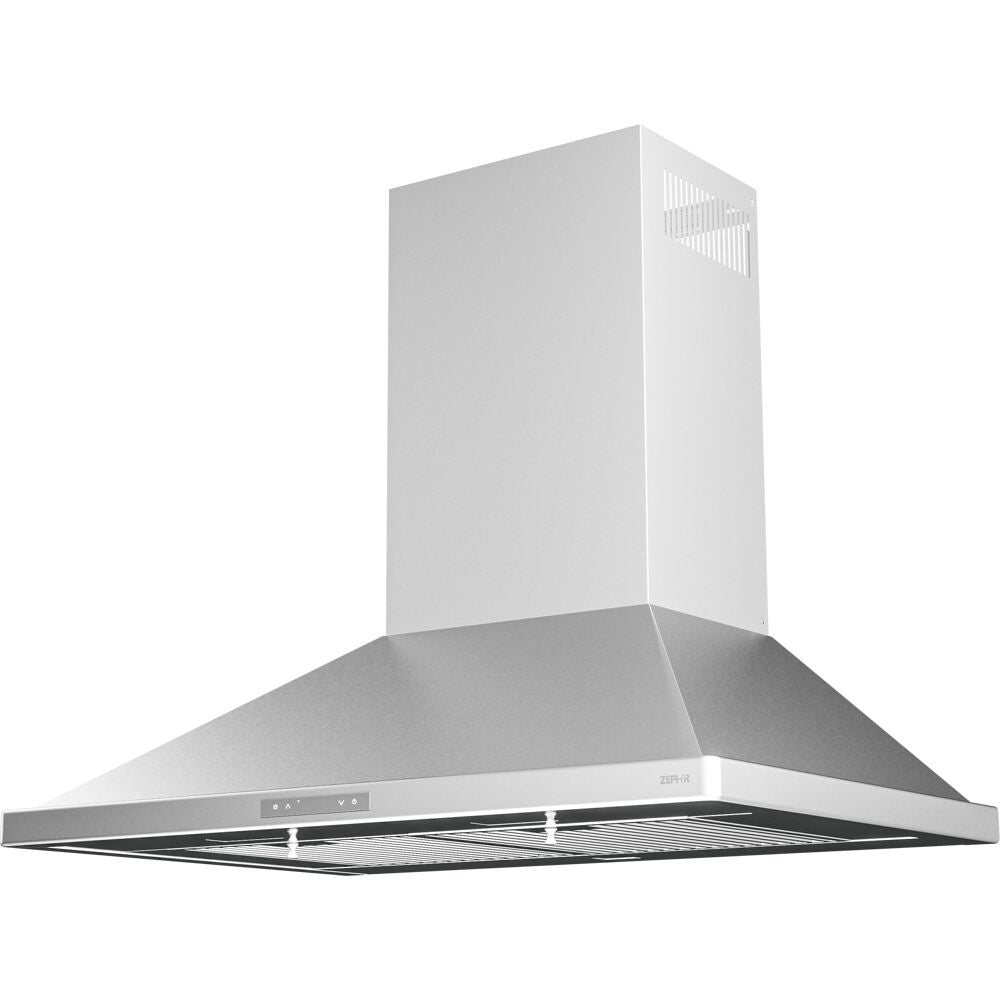Modern stainless steel wall mounted chimney range hood with LED controls for kitchen appliances and home improvement.